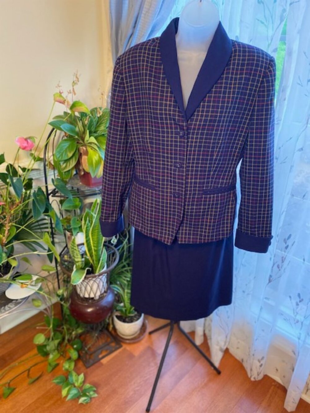 Jennifer Moore Plaid Skirt Suit Set Navy Blue/red/Yellow Size 12